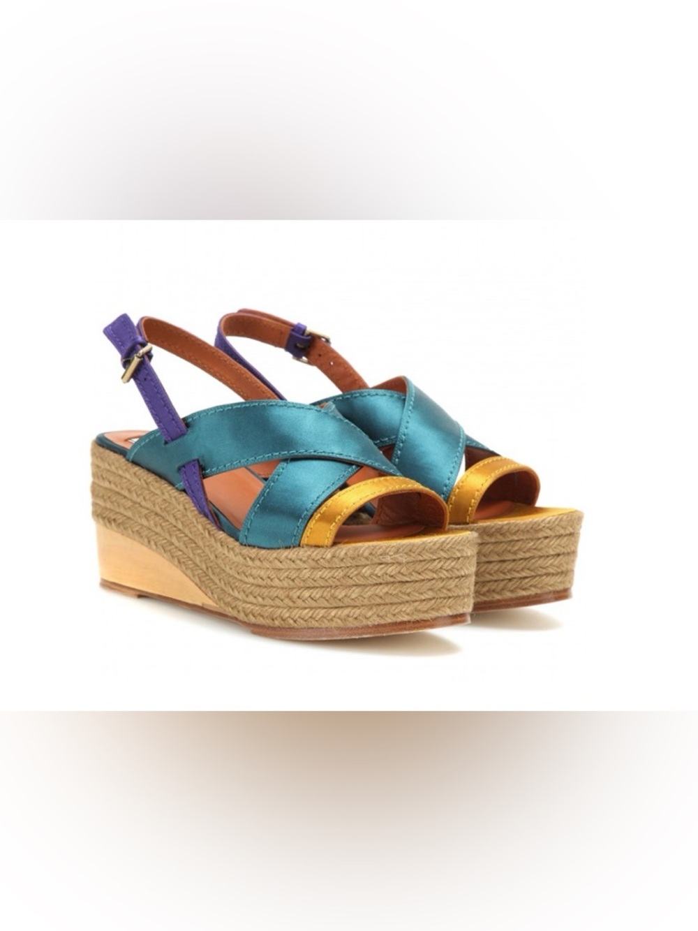 Lanvin Teal, Purple and Gold Satin Espadrille Wedge Sandals